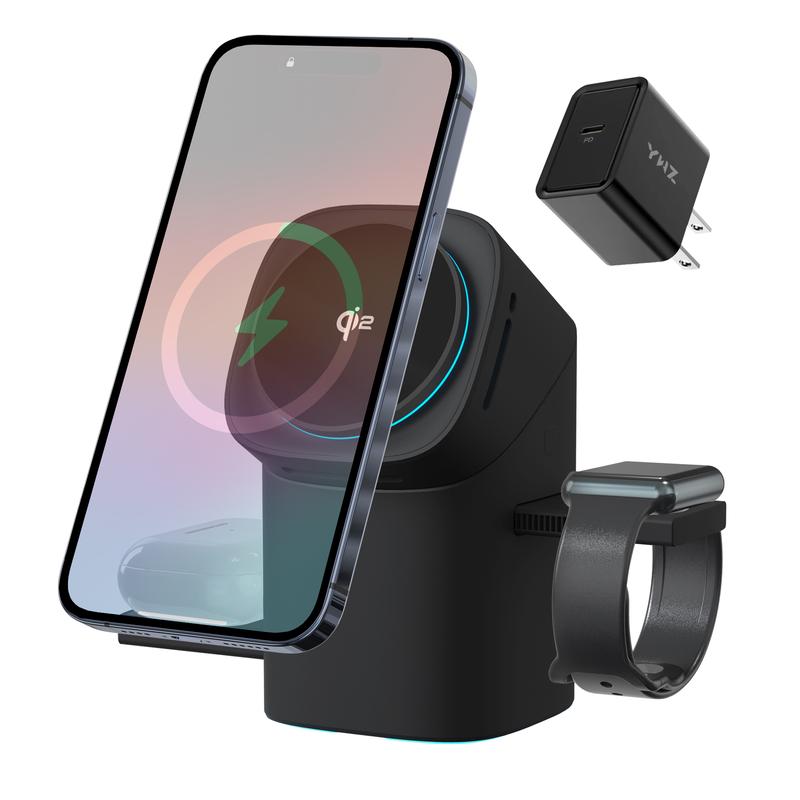 Three in one wireless charger, fast charging, Qi2 certified, suitable for iPhone, iWatch, AirPods headphone charging stations, touch pop-up charging, easy to carry wireless charger,Wireless Multi-Device Charging touch pop-up charging,Gifts,Mother's Day