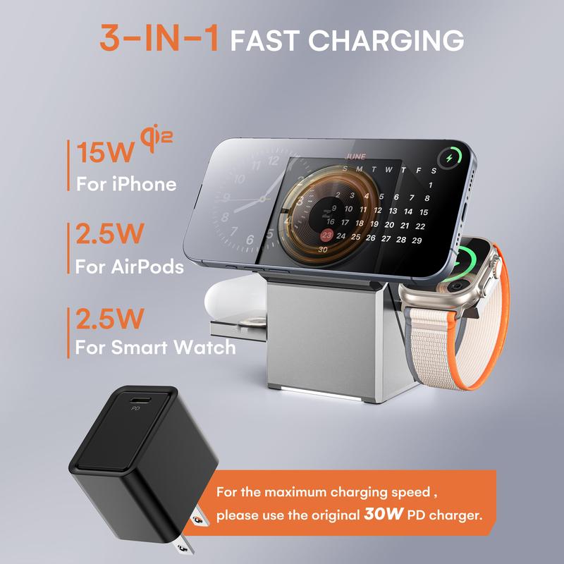 Three in one wireless charger, fast charging, Qi2 certified, suitable for iPhone, iWatch, AirPods headphone charging stations, touch pop-up charging, easy to carry wireless charger,Wireless Multi-Device Charging touch pop-up charging,Gifts,Mother's Day