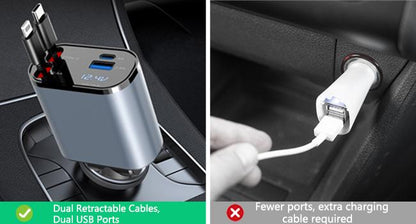 4 in 1 Retractable Car Charger, USB C Fast Charging Adapter[Max100W] with Lightning Cable&Dual Charge Port Compatible with iPhone 15/14/13 Pro Max Plus/iPad/AirPods,Samsung Galaxy S23/S22/S10