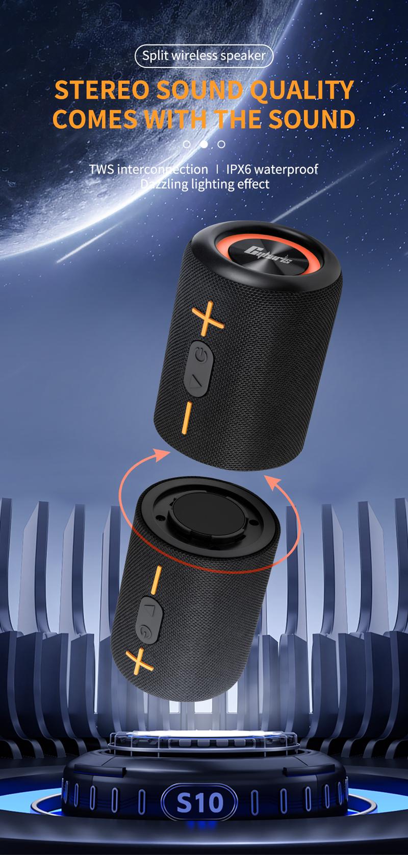 Cyboris springtok  S10 2 in 1 Portable Split Bluetooth speaker Portable subwoofer, 20W High Volume Stereo, IPX6 Waterproof, Smartphone Audio Cyber Black