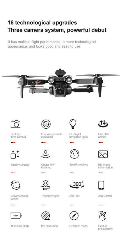 Cross-Border K9MAX Drone Aerial Photography Three Lens Four Axis Aircraft Optical Flow Obstacle Avoidance Remote Control Aircraft Toy drone