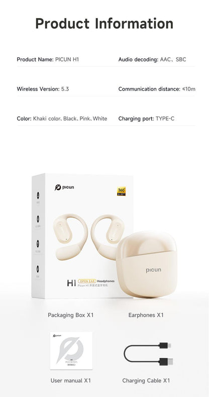 Picun H1 Lightweight Earbud Audio Headset with CVC, HD Microphone, Electronic Touch Control, Ideal for Cycling, Running & Workouts, Wireless Design