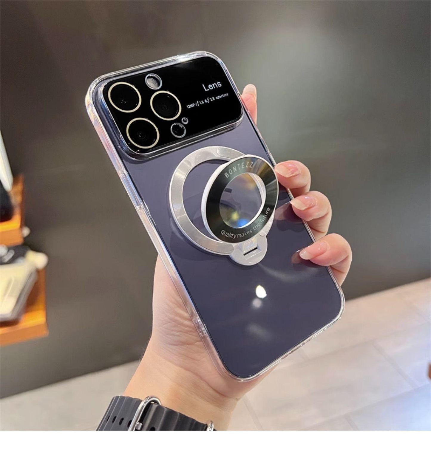 Suitable for iPhone 15 14 13 12 11 Pro Max Plus Transparent Magnifying Glass Phone Case Apple 14 Pro Max Window Magnetic Stand Protective Cover 13