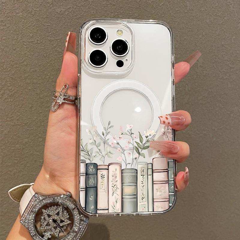 Soft Girl Magnetic Case for iPhone11/12/13/14/15/16/17/promax, Floral Bookshelf Lightweight, Drop-Proof, MagSafe Compatible | Perfect for Teen Girls
