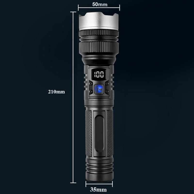 EXOVAN 2-in-1 Strong Flashlight (Power Bank)，Digital display of power, Rechargeable，Zoomable, , X4Waterproof, Adjustable Brightness Flash Light for Outdoor, Emergency, Camping Accessories，Black