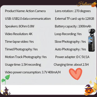 Video Blog Camera, Portable Camera, Vlogging Camera, 4K USB Rechargeable 270 Degree Rotatable Video Camera with 1.33 Inch CMOS, Anti-shake Action Camera for Video & Video Blog