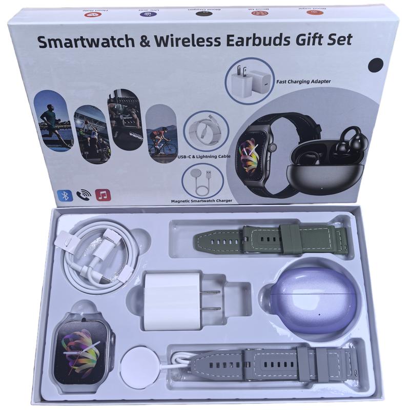 Upgraded 7-in-1 Smartwatch Gift Set – Enhanced Bluetooth Earbuds + Fast Wall Charger + USB Cable + Wireless Watch Charger + 2 Premium Bands | All-in-One Fitness & Everyday Essentials Bundle | Great Value Gift for Men & Women