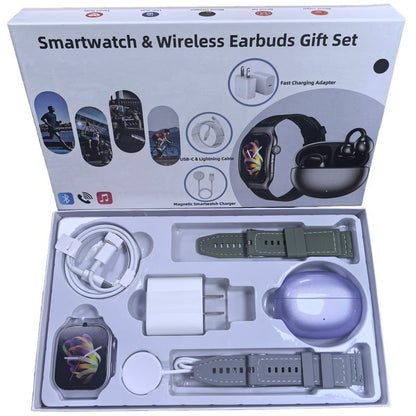 Upgraded 7-in-1 Smartwatch Gift Set – Enhanced Bluetooth Earbuds + Fast Wall Charger + USB Cable + Wireless Watch Charger + 2 Premium Bands | All-in-One Fitness & Everyday Essentials Bundle | Great Value Gift for Men & Women