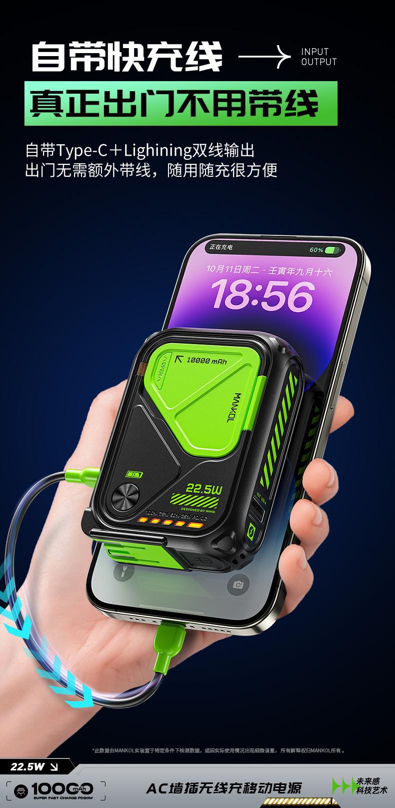 AC Plug Charger20000Ma  5-in-1 Wireless Magnetic Charging22.5W Fast Charging Built-in Cable Portable Power Bank