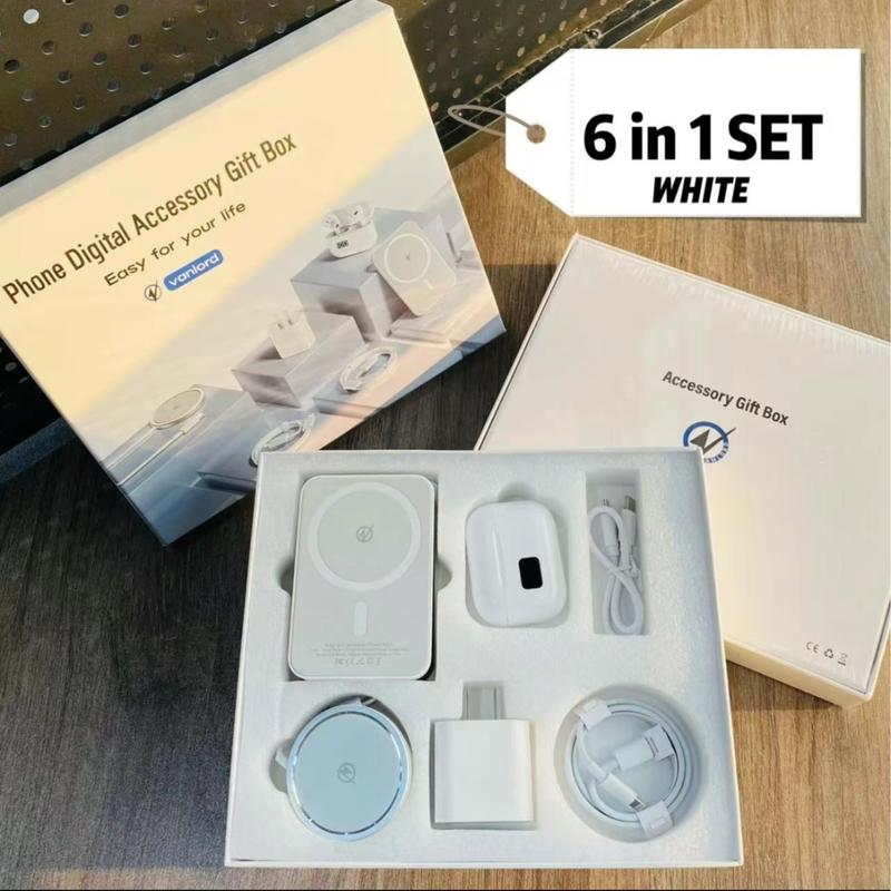 6-in-1 Magnetic Charging and Bluetooth  earphones Kit: MagSafe battery pack, Fast Charge, MagneticPower Bank, Wireless Charger, Type-C toLightning Cable, Adapter & Audio Support,Compact & Portable