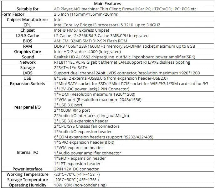 i5-3210M CPU 3.1G  New 3.5 inch Industrial mainboard SBC Onboard  2*core 4*Threads Ivy Bridge HM77 For AIO CNC EDM Firewall IPC