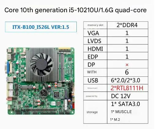 i5-10210u Mini-ITX Motherboard 10th Core Intel CPU IPC SBC Embedded Ultra-thin Mainboard with 6COM 2LAN DC12V DDR4 6USB LVDS EDP