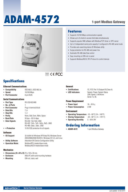 ADAM-4572-CE 1 Port Modbus Data Gateway 8 Clients Simultaneously Access Field Data