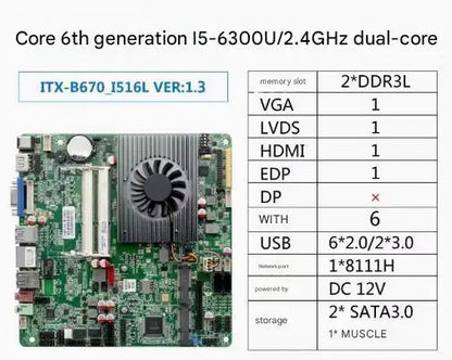 i5-6300u Mini-ITX Motherboard 6th Core Intel CPU IPC SBC Embedded Ultra-thin Mainboard with 6COM LAN DC12V DDR3L 6USB LVDS VGA