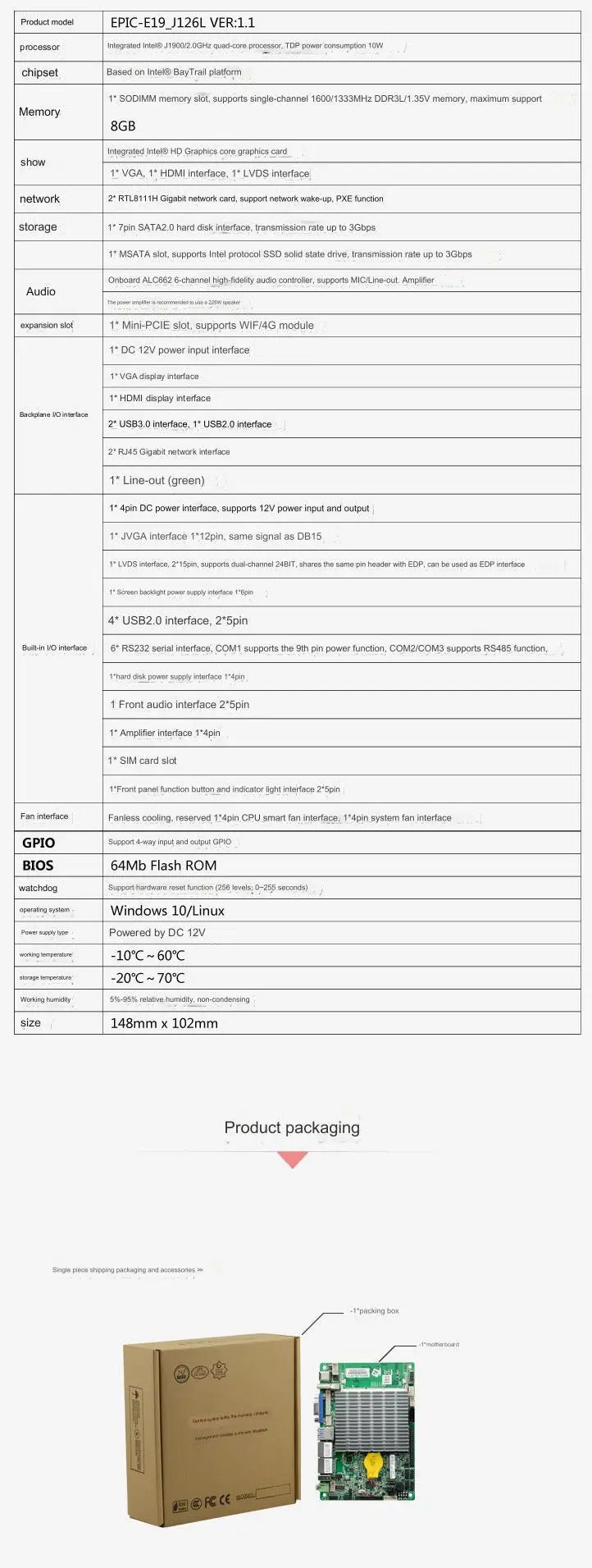 J1900 3.5 inch Motherboard 3.5" SBC IPC Mainboard industrial with Celeron Quad Core DC-12V 6-COM 2xGbE LAN LVDS VGA