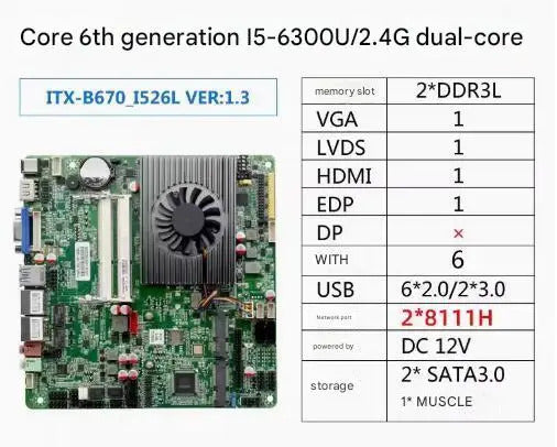 i5-6300u Mini-ITX Motherboard 6th Core Intel CPU IPC SBC Embedded Ultra-thin Mainboard with 6COM 2LAN DC12V DDR3L 6USB LVDS VGA