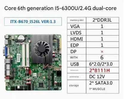 i5-6300u Mini-ITX Motherboard 6th Core Intel CPU IPC SBC Embedded Ultra-thin Mainboard with 6COM 2LAN DC12V DDR3L 6USB LVDS VGA