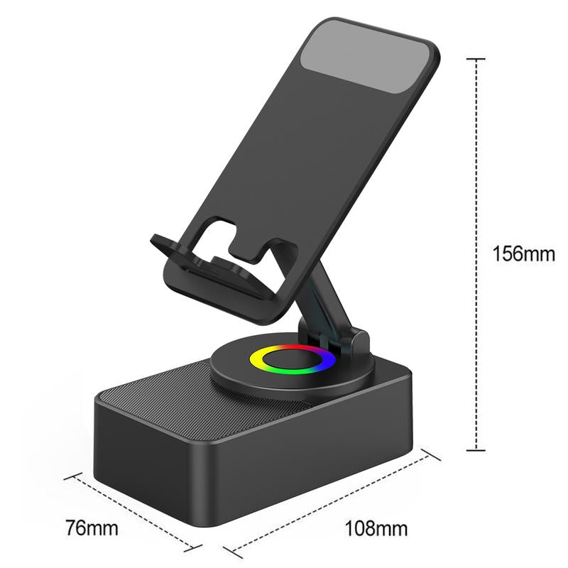 Wireless Audio Bluetooth Speaker 5in1 Phone Holder Emergency Rechargeable withColorful Ambient Light 300° Foldable for Tablet iPhone Android, Gifts for Men Women ，Black