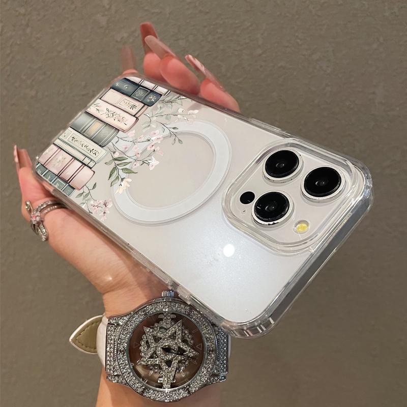 Soft Girl Magnetic Case for iPhone11/12/13/14/15/16/17/promax, Floral Bookshelf Lightweight, Drop-Proof, MagSafe Compatible | Perfect for Teen Girls