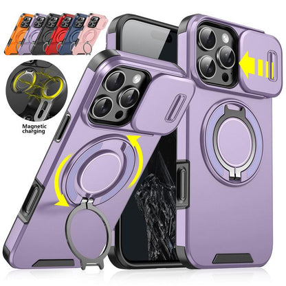For iPhone 16 Pro Max 15 14 13 12 11 Magnetic Ring Stand Case w/Slide Lens Cover 360 Rotated Ring Kickstand Holder Military Grade Shock proof Slide Camera Protective Cover Phone Case