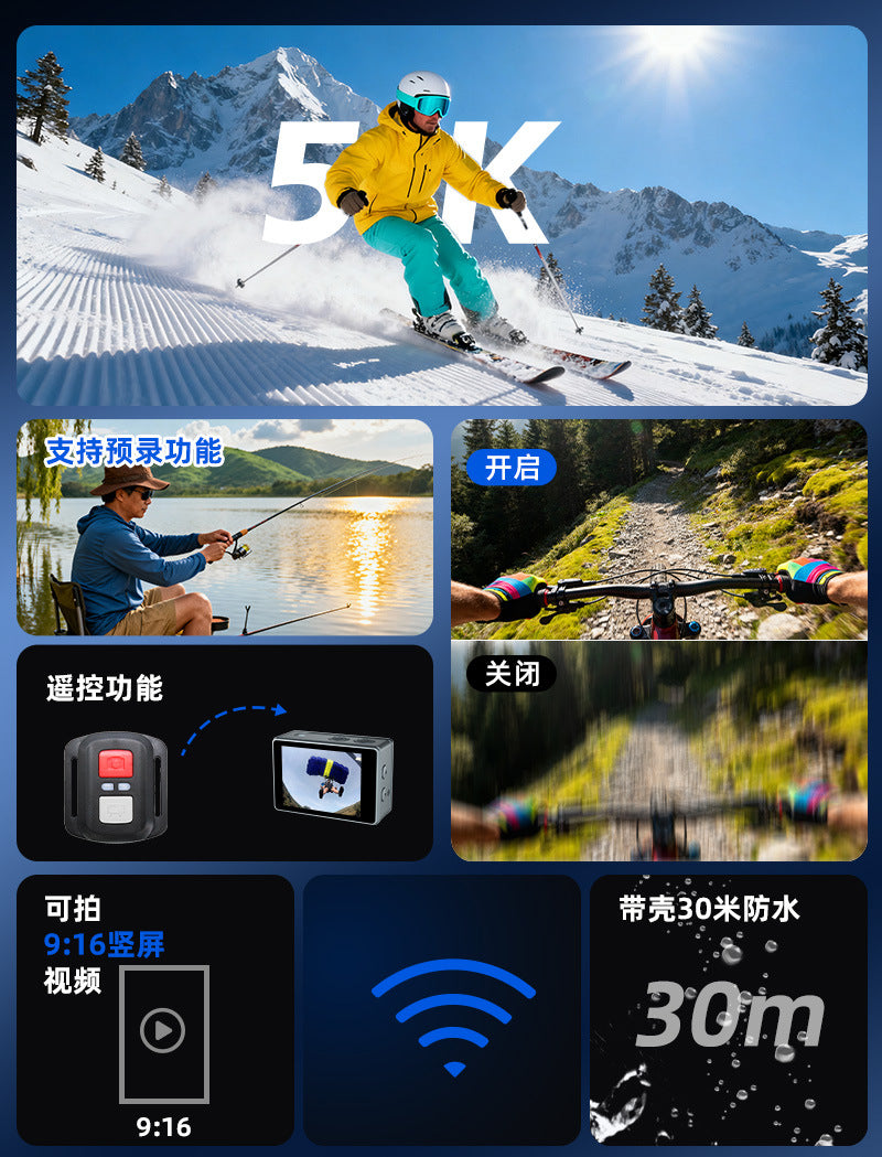Cross-Border5k Sports Camera Anti-Shake Waterproof HD Wireless Shooting Outdoor Sports Recorder Cycling Camera