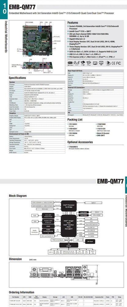 EMB-QM77 REV A1.0 100% OK Original Brand  Industrial Motherboard EMB-QM67 Mainboard EMB-QM77 with i7-2710QE SR02T CPU RAM 6*COM