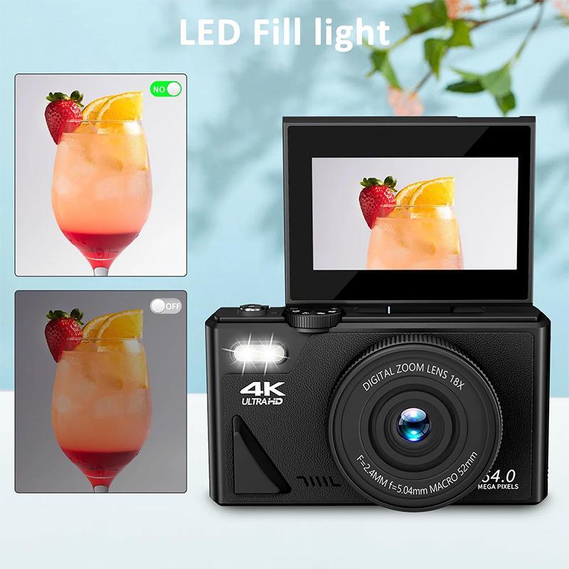 4K 64MP Digital Camera, 3.0 Inch 180° Flip Screen Vlogging Camera With LED Fill Light, 18X Digital Zoom Camera With Rechargeable Battery, 32GB TF Card