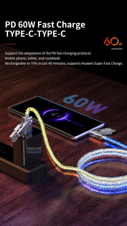 【Mother's Day Gift】Four-in-One 100W Colorful lights Data Cable,Supports fast charging and data transmission,Free switching four interfaces, Luminous Durable