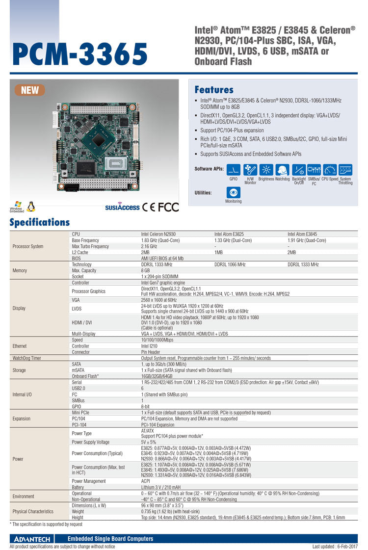 PCM-3365 New Original Veneer Computer PCM-3365E-S3A2/S3a1e PC/104-Plus Embedded Motherboard E3825