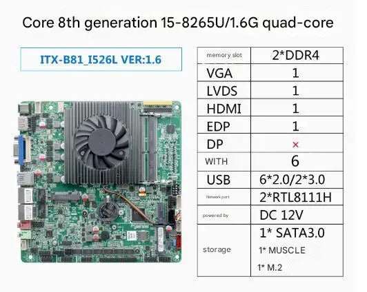 i5-8265u Mini-ITX Motherboard 8th Core Intel CPU IPC SBC Embedded Ultra-thin Mainboard with 6COM 2LAN DC12V DDR4 6USB LVDS EDP