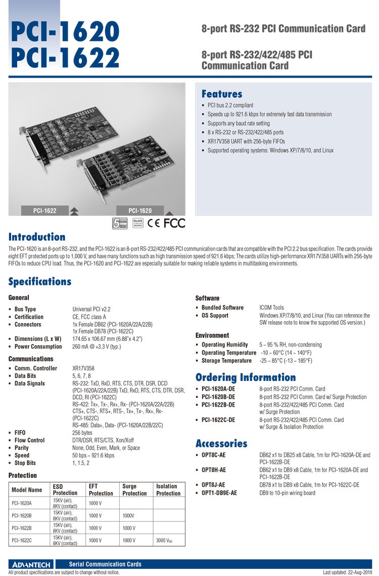 PCI-1620A/PCI-1622 Advantech 8-port RS-232 PCI Communication Card RS-485 Data Flow Automatic Control