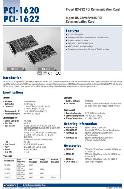PCI-1620A/PCI-1622 Advantech 8-port RS-232 PCI Communication Card RS-485 Data Flow Automatic Control