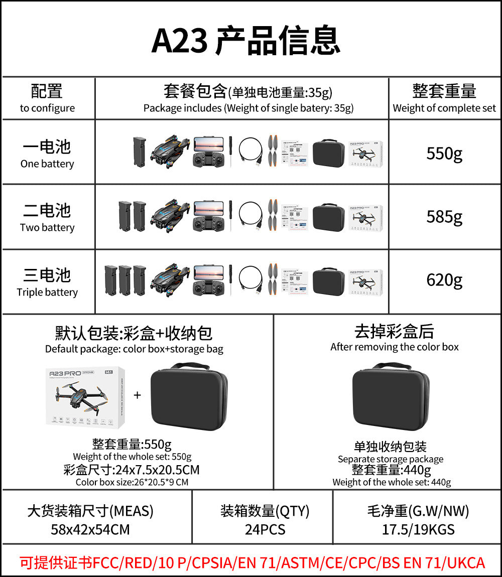 Cross-Border A23 PRO Drone HD Aerial Photography Quadcopter Brushless Obstacle Avoidance Remote Control Aircraft Export Toy