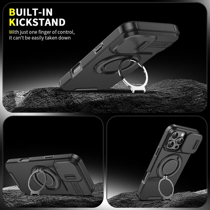 For iPhone 16 Pro Max 15 14 13 12 11 Magnetic Ring Stand Case w/Slide Lens Cover 360 Rotated Ring Kickstand Holder Military Grade Shock proof Slide Camera Protective Cover Phone Case