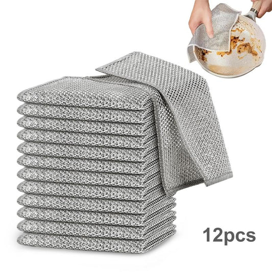 【Freeship】12-Pack Dishwashing Rags, Multipurpose Non-Scratch Wire Dishcloths for Wet and Dry Use,Reusable Wire Cleaning Cloths for Kitchen, Sinks.and Pans Silver Removable, Washable & More