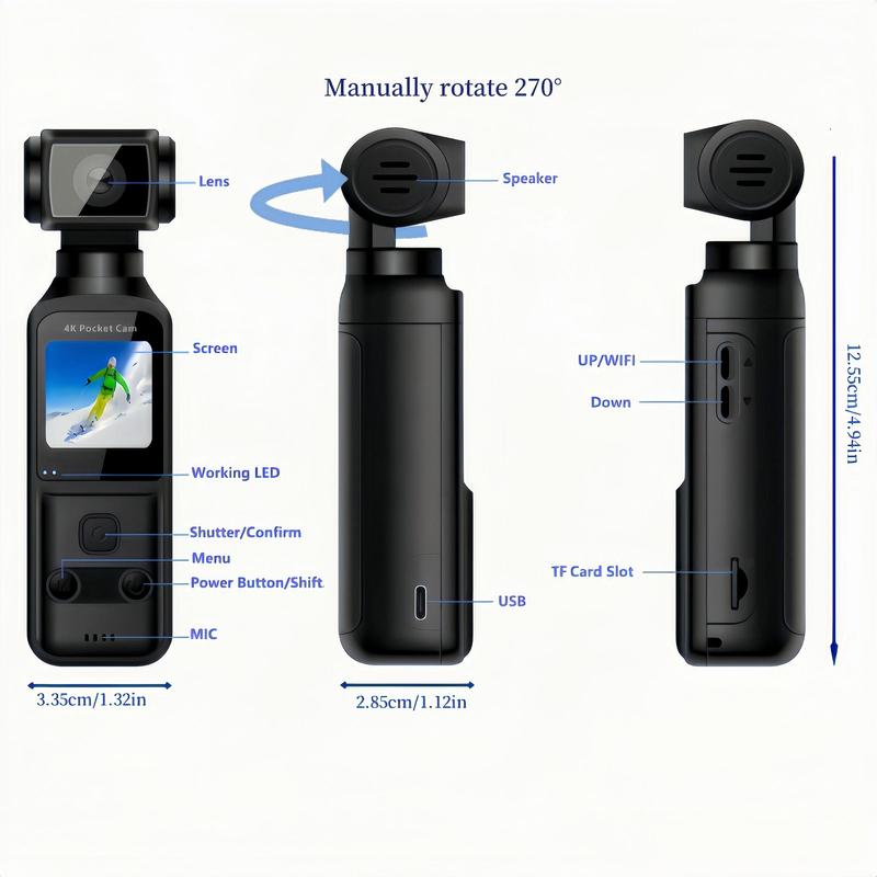 Video Blog Camera, Portable Camera, Vlogging Camera, 4K USB Rechargeable 270 Degree Rotatable Video Camera with 1.33 Inch CMOS, Anti-shake Action Camera for Video & Video Blog