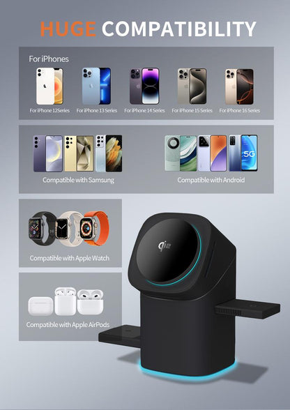 Three in one wireless charger, fast charging, Qi2 certified, suitable for iPhone, iWatch, AirPods headphone charging stations, touch pop-up charging, easy to carry wireless charger,Wireless Multi-Device Charging touch pop-up charging,Gifts,Mother's Day