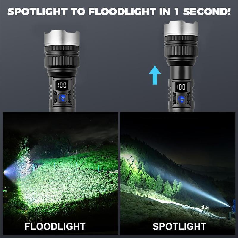 EXOVAN 2-in-1 Strong Flashlight (Power Bank)，Digital display of power, Rechargeable，Zoomable, , X4Waterproof, Adjustable Brightness Flash Light for Outdoor, Emergency, Camping Accessories，Black