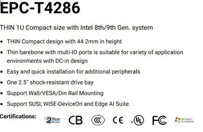 EPC-T4286 Embedded Industrial Computer Mini Industrial PC 8/9th CPU 1U Size with 6COM 6USB 3LAN DC-12V DDR4 DP M.2