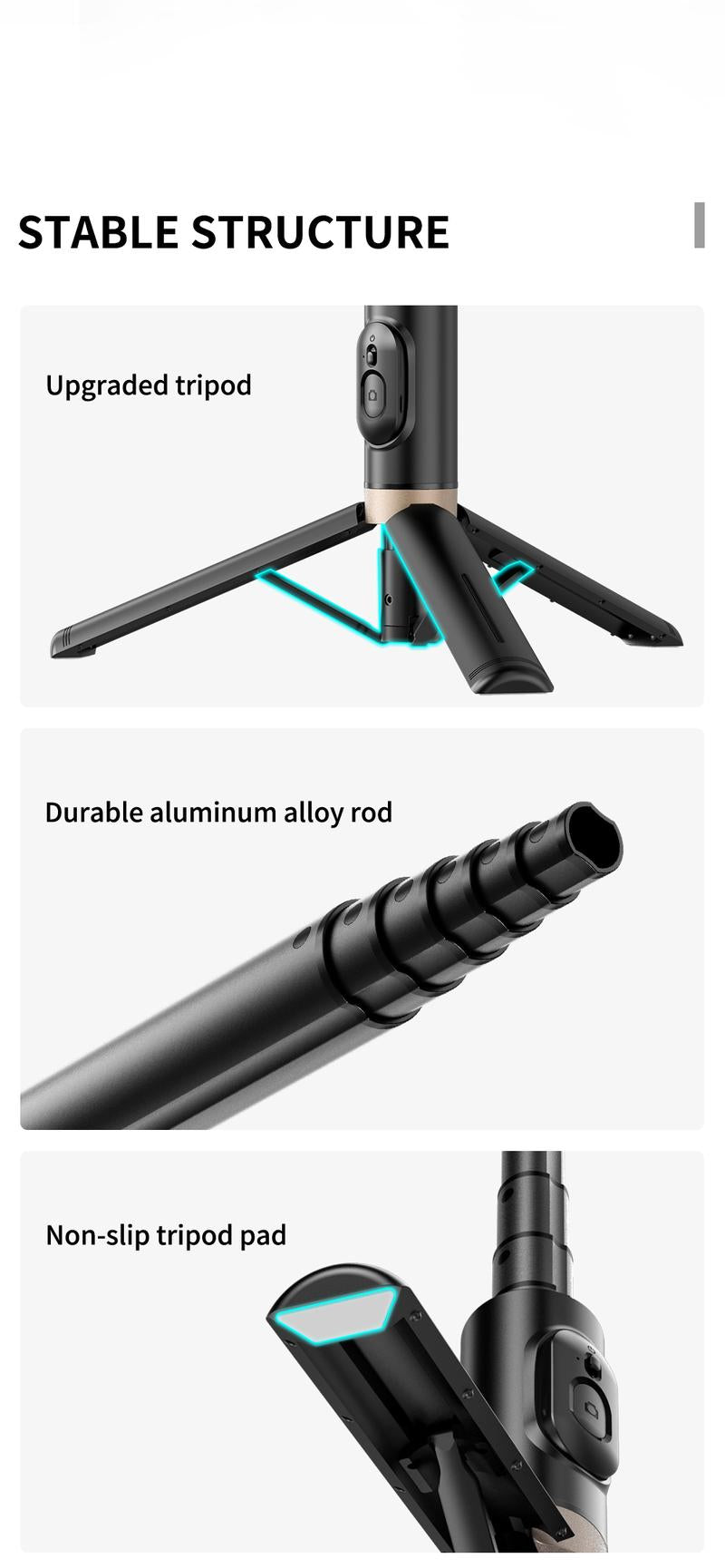 HANENO Portable Selfie Stick Tripod with Remote Bluetooth, Telescopic Design for iPhone, Upgraded Tripod for Travel and Recording Vlogging Kit Camera Stabilizer Electronic Gadgets Aluminum Android Cellphone Smartphone Tk Q12 Black