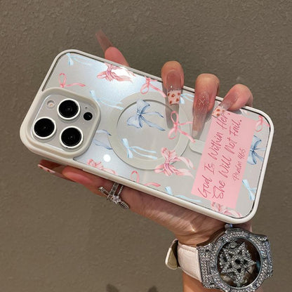 Premium Magnetic Case for iPhone11/12/13/14/15/16/promax Bow Bible label collage | MagSafe Ready, Anti-Fall, and Ultra-Thin Design | Perfect for Everyday Use springtok aesthetic pattern design protective phone case magsafe magnetic luxury case