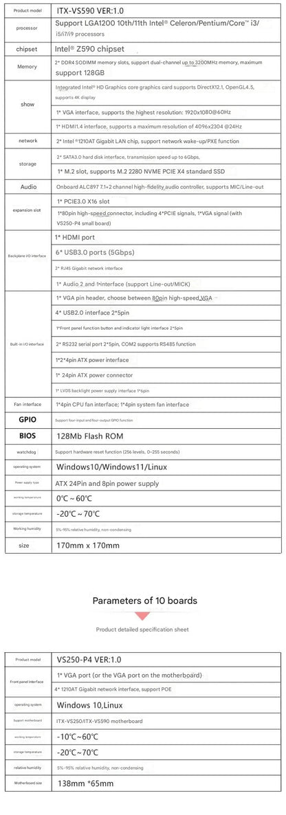 Z590 Motherboard Mini-ITX SBC IPC Mainboard Industrial Board Mini ITX Support 10/11th LGA1200 CPU 2*COM 2~6*LAN i210 PS/2 VGA