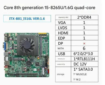i5-8265u Mini-ITX Motherboard 8th Core Intel CPU IPC SBC Embedded Ultra-thin Mainboard with 6COM LAN DC12V DDR4 6USB LVDS EDP