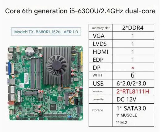 i5-6300u Mini-ITX Motherboard 6th Core Intel CPU IPC SBC Embedded Ultra-thin Mainboard with 6COM 2LAN DC12V DDR4 8USB