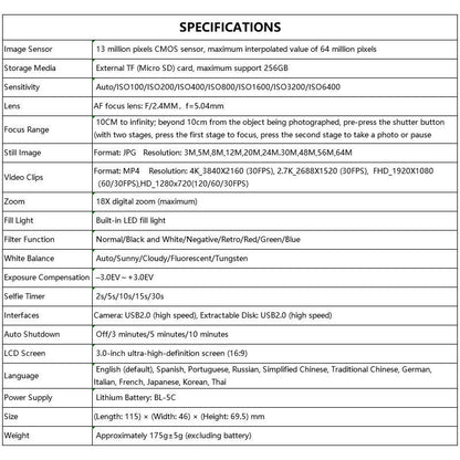 4K 64MP Digital Camera, 3.0 Inch 180° Flip Screen Vlogging Camera With LED Fill Light, 18X Digital Zoom Camera With Rechargeable Battery, 32GB TF Card