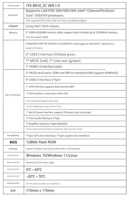 H610 Mini-ITX Motherboard 12/13/14th Core i3/i5/i7/i9 LGA1700 CPU IPC SBC Embedded Ultra-thin Mainboard with 2COM LAN DC-19V VGA