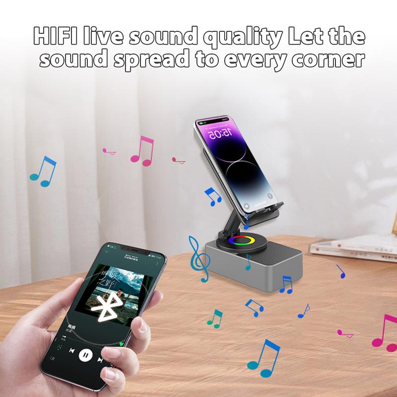 Wireless Audio Bluetooth Speaker 5in1 Phone Holder Emergency Rechargeable withColorful Ambient Light 300° Foldable for Tablet iPhone Android, Gifts for Men Women ，Black