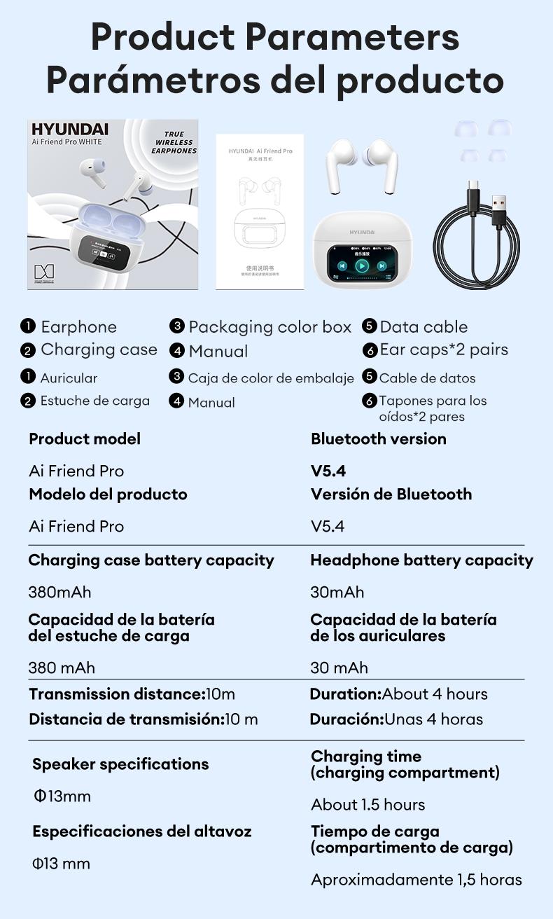 HYUNDAI Friend Pro Noise Reduction Headphones with Full Color Touch Charging Case, Robust Bass Stereo Audio Headset, IPX5 Waterproof & Anti-lost Search Function Earbuds
