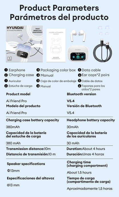 HYUNDAI Friend Pro Noise Reduction Headphones with Full Color Touch Charging Case, Robust Bass Stereo Audio Headset, IPX5 Waterproof & Anti-lost Search Function Earbuds