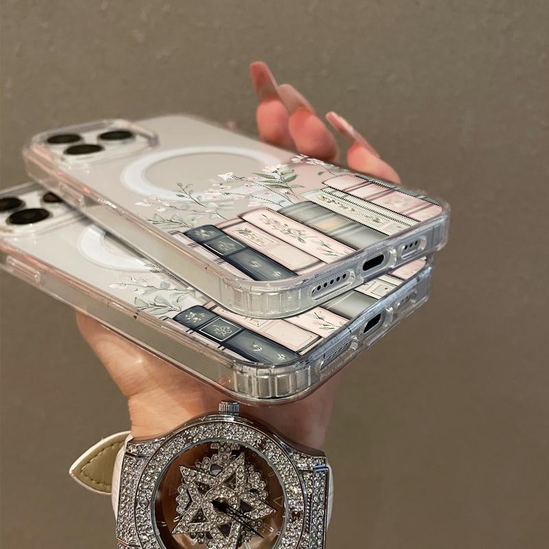 Soft Girl Magnetic Case for iPhone11/12/13/14/15/16/17/promax, Floral Bookshelf Lightweight, Drop-Proof, MagSafe Compatible | Perfect for Teen Girls